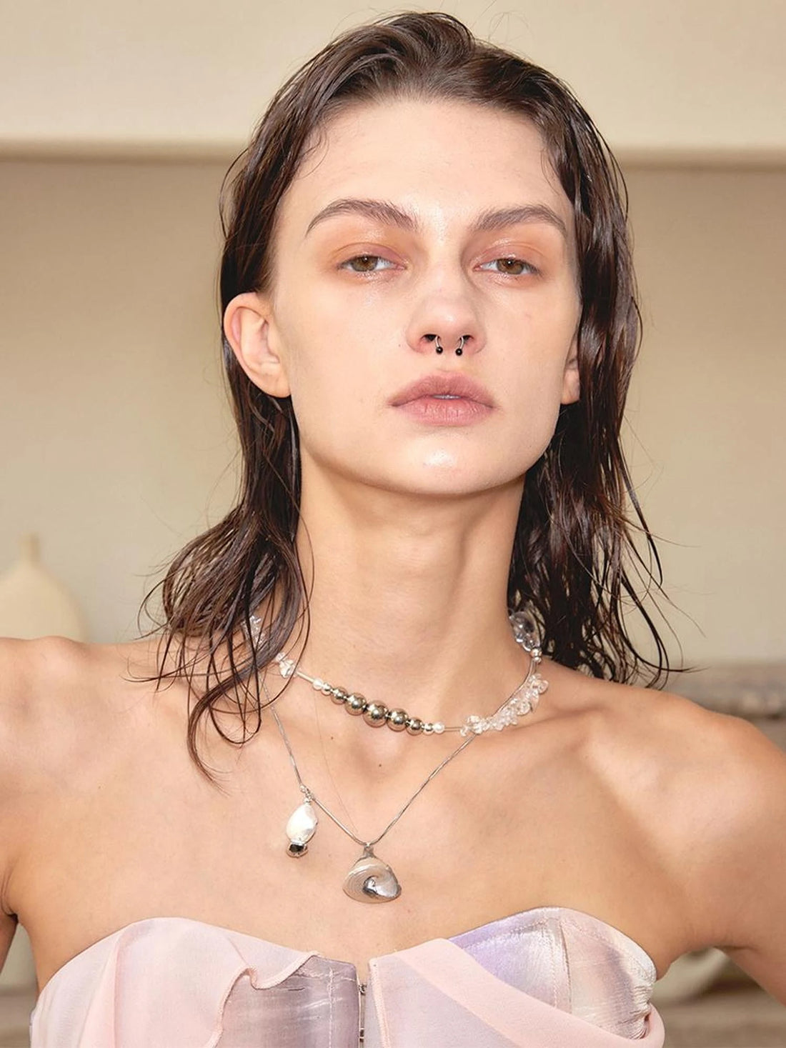Double Layer Shell Crystal Beaded Necklace