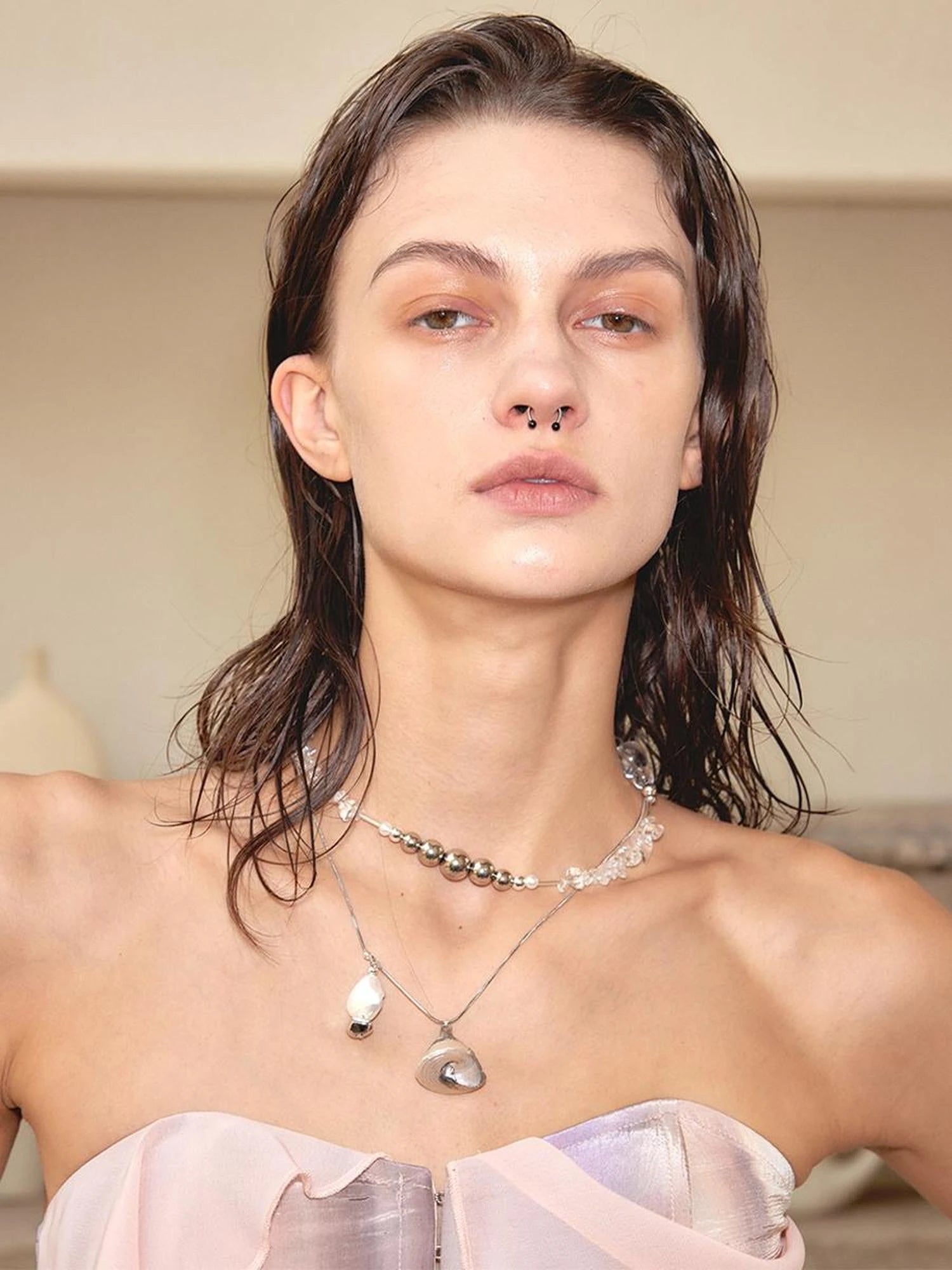 Double Layer Shell Crystal Beaded Necklace