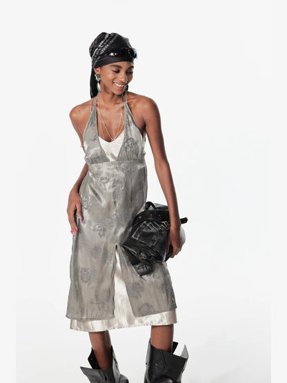 Double Layer Silver Lace Backless Sleeveless Holiday Dress