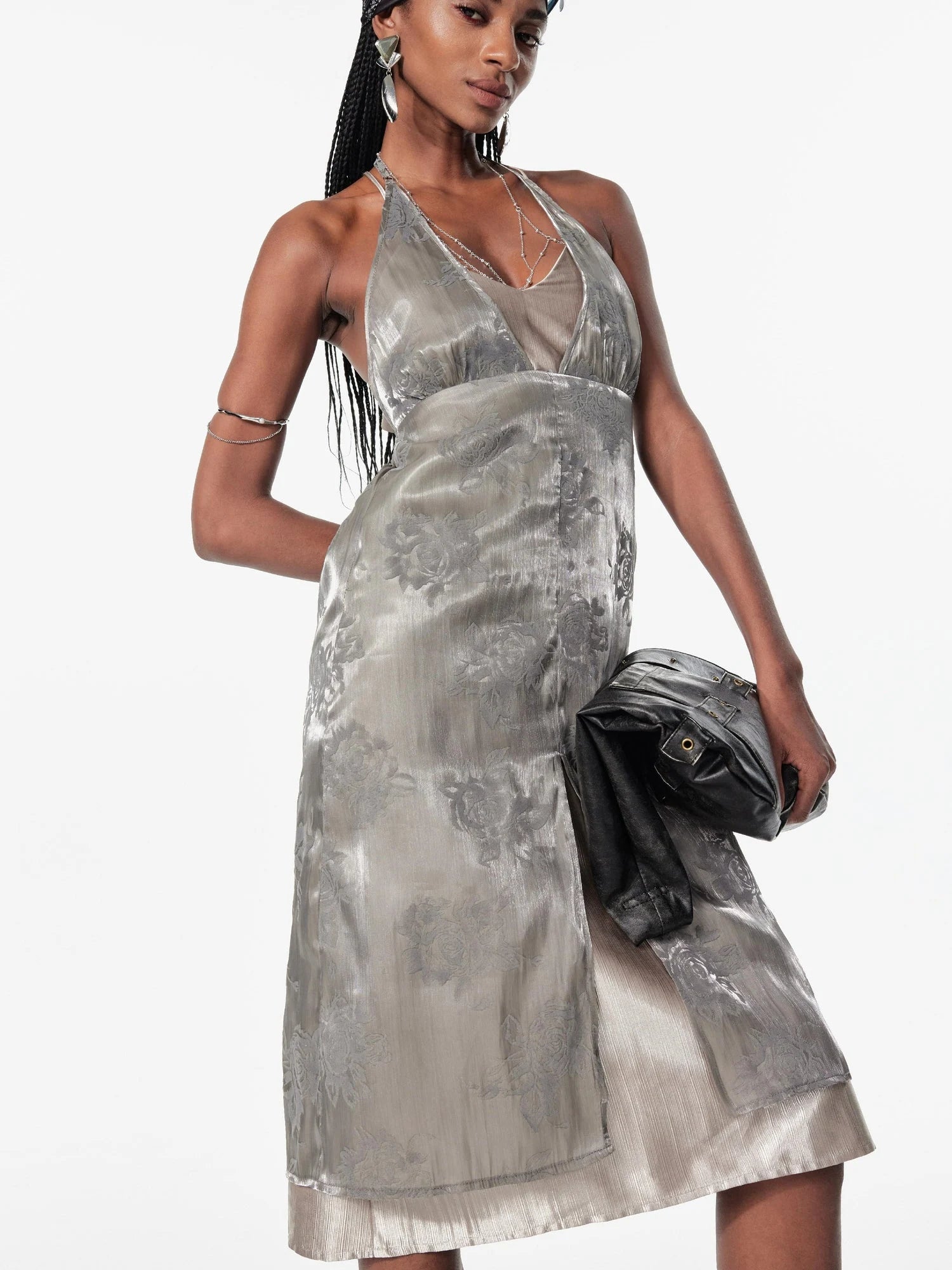 Double Layer Silver Lace Backless Sleeveless Holiday Dress