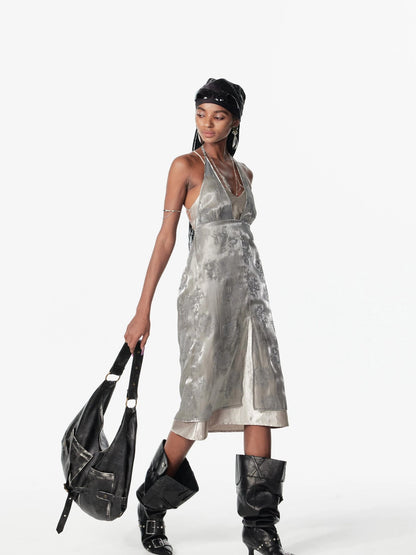 Double Layer Silver Lace Backless Sleeveless Holiday Dress