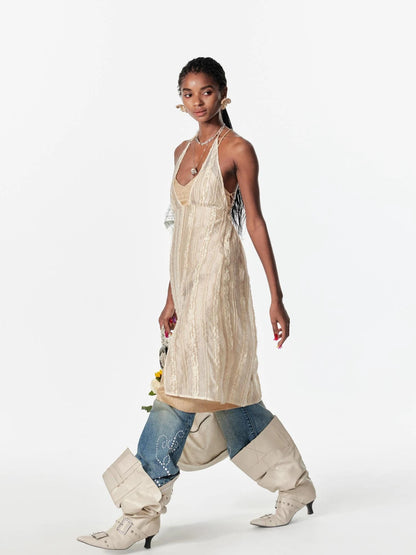 Double Layer Silver Lace Backless Sleeveless Holiday Dress