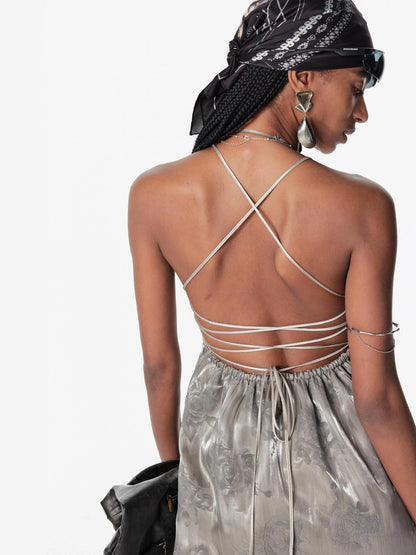 Double Layer Silver Lace Backless Sleeveless Holiday Dress