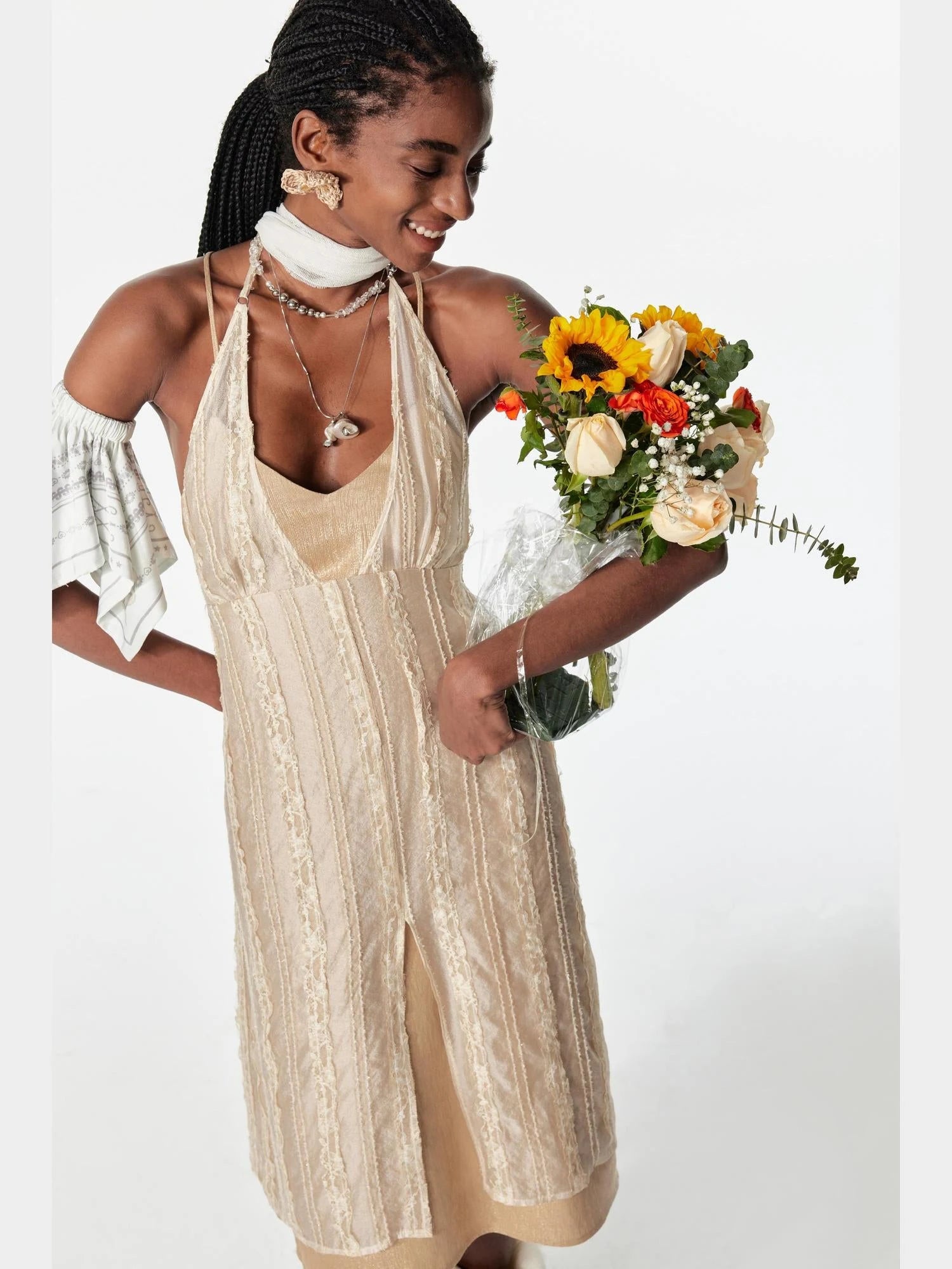 Double Layer Silver Lace Backless Sleeveless Holiday Dress