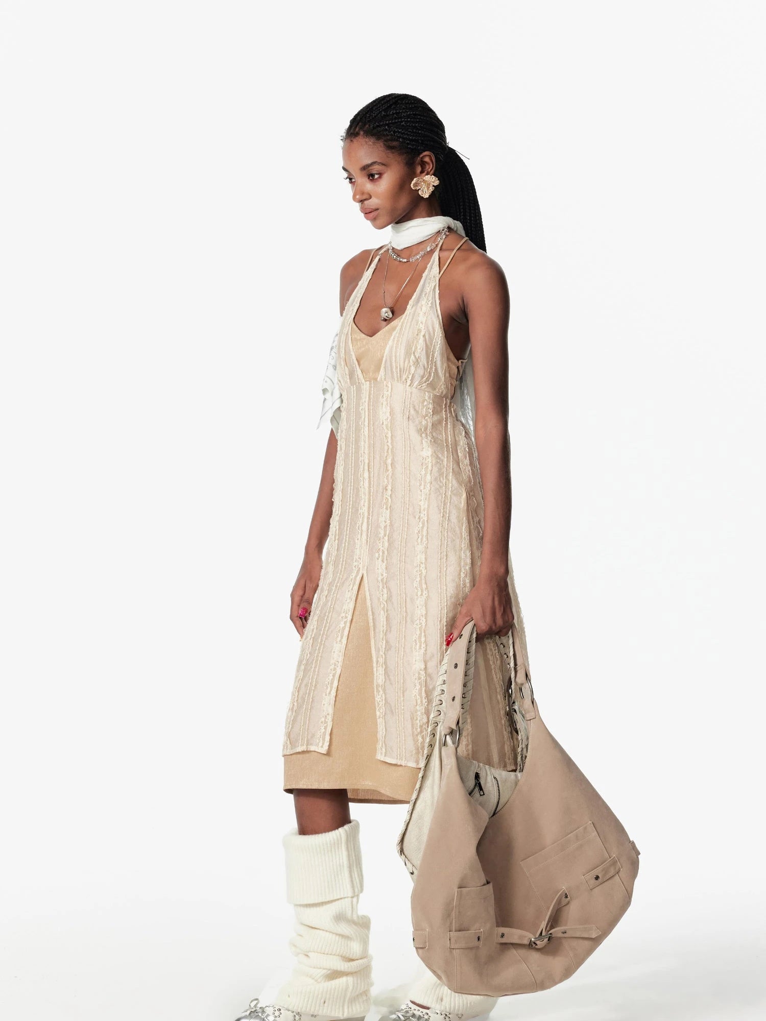 Double Layer Silver Lace Backless Sleeveless Holiday Dress