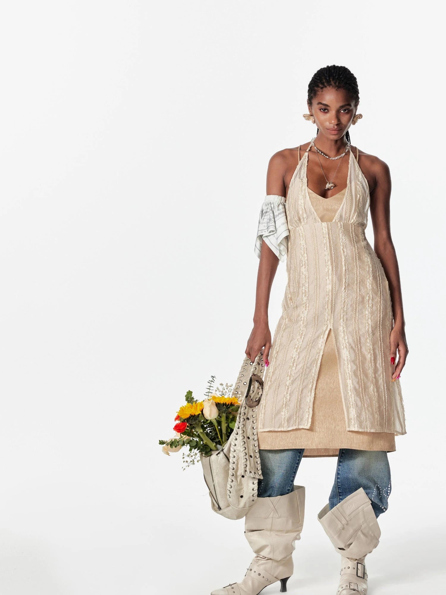 Double Layer Silver Lace Backless Sleeveless Holiday Dress
