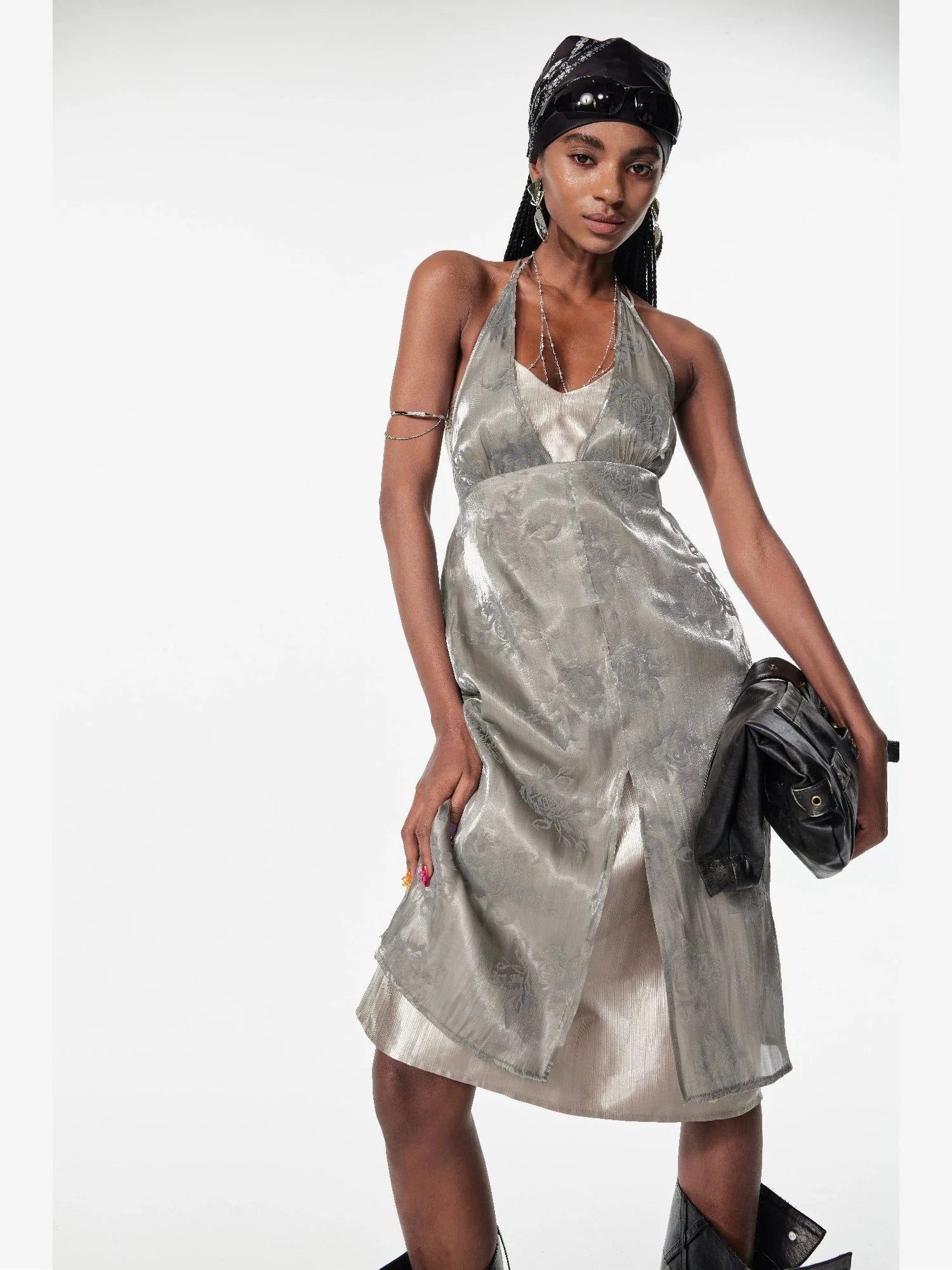 Double Layer Silver Lace Backless Sleeveless Holiday Dress