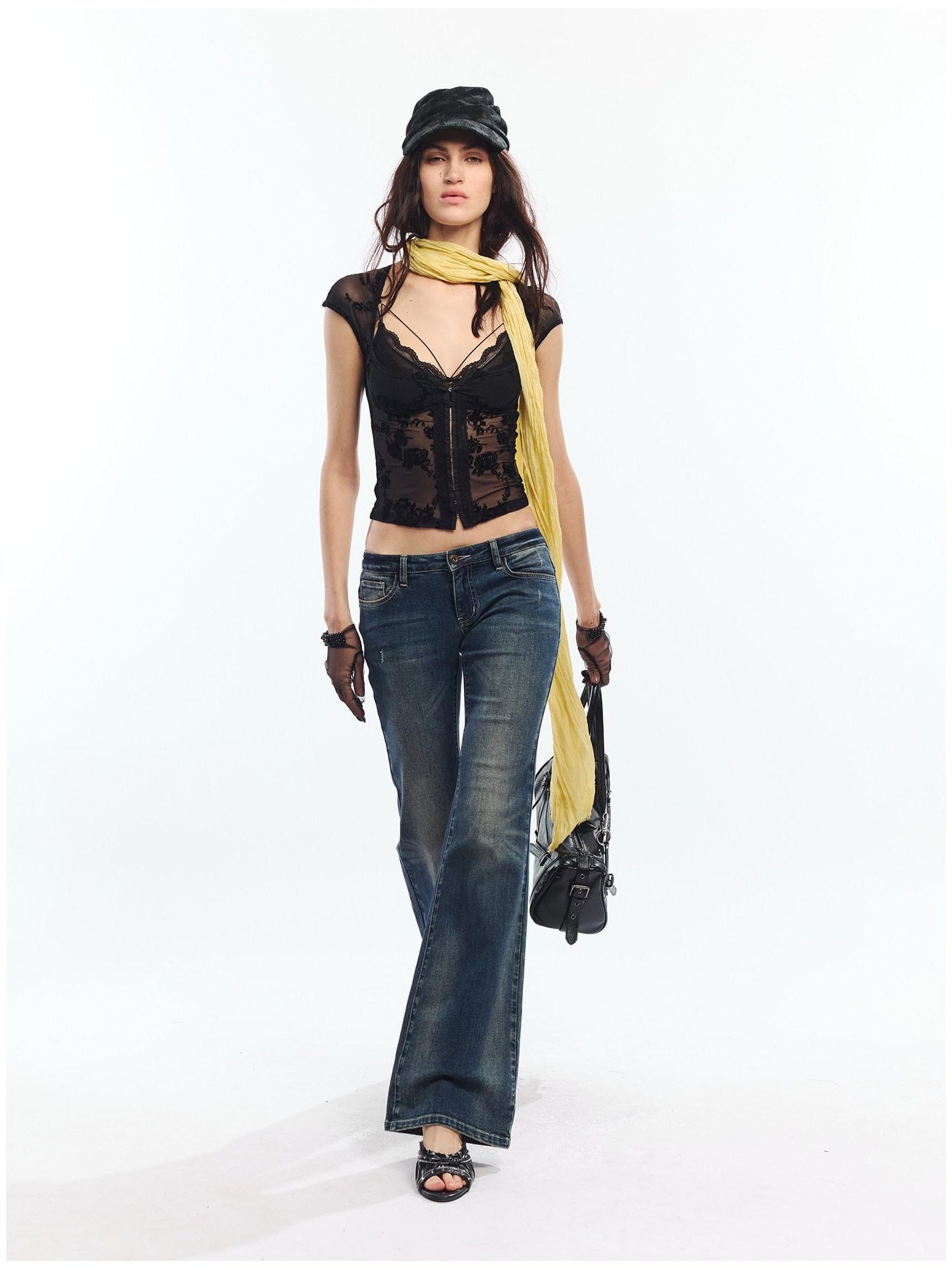 2th Desire Embroidered Floral Slim V-neck Cropped Women Nylon Spandex Short Sleeve T-Shirts