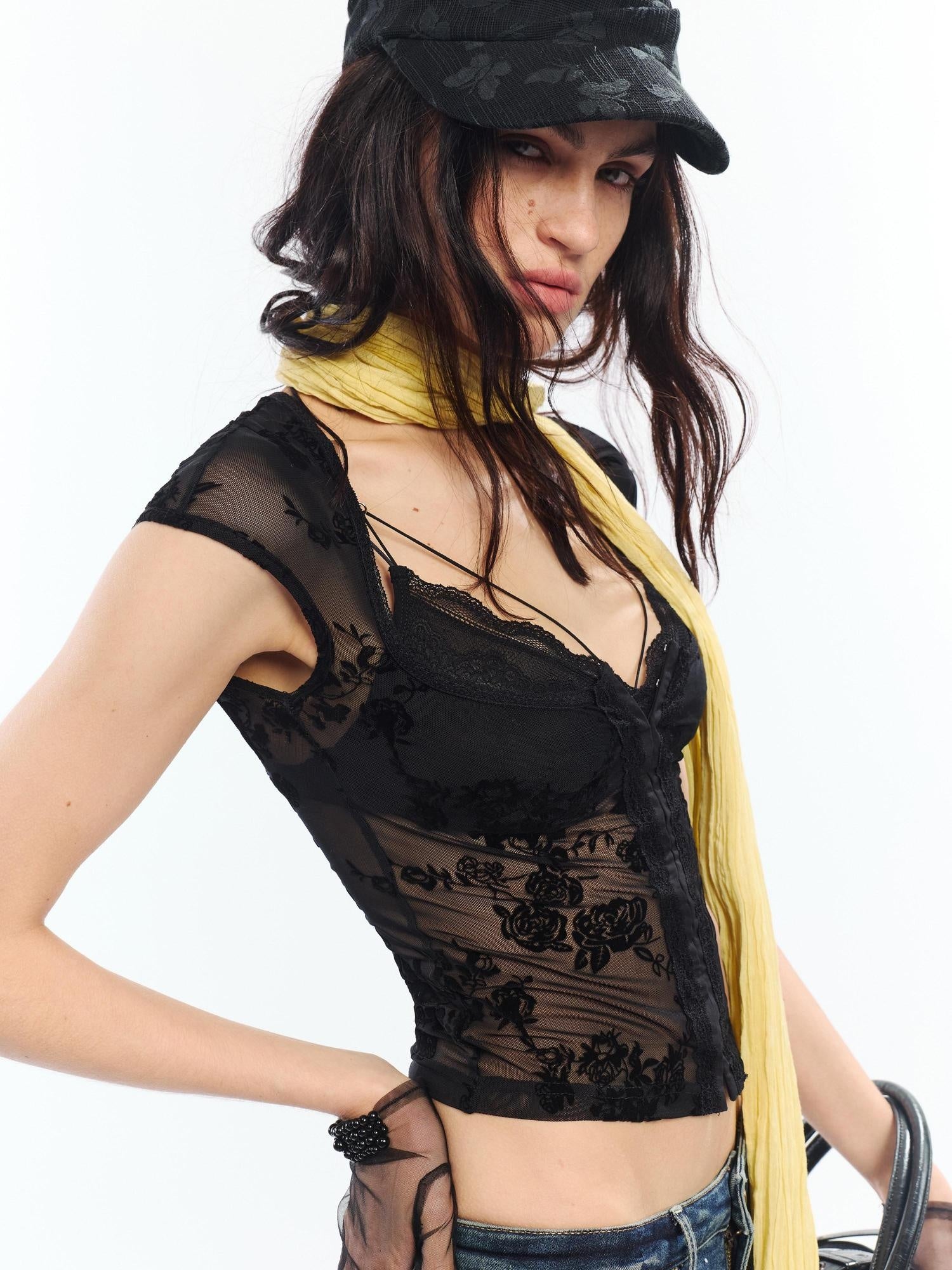 2th Desire Embroidered Floral Slim V-neck Cropped Women Nylon Spandex Short Sleeve T-Shirts