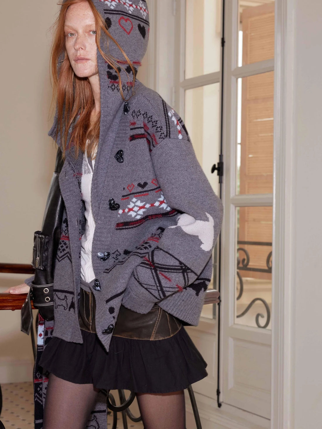 Fair Isle Puppy Love Hooded Cardigan Vintage Wool Blend