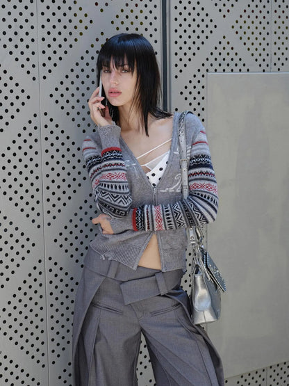 2th Desire Fair Isle Sleeve Tassel Letter Slim Zipper Cardigan Cardigan