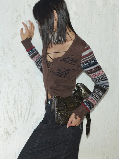 2th Desire Fair Isle Sleeve Tassel Letter Slim Zipper Cardigan Cardigan