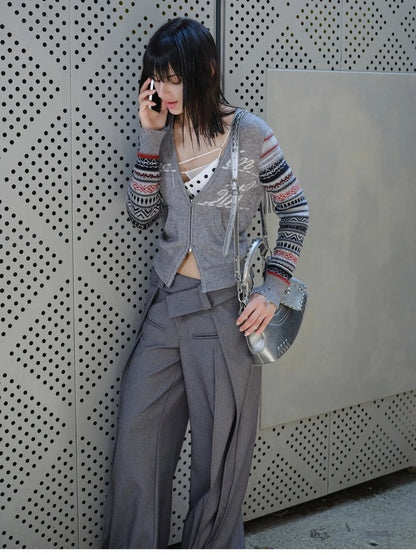 2th Desire Fair Isle Sleeve Tassel Letter Slim Zipper Cardigan Cardigan