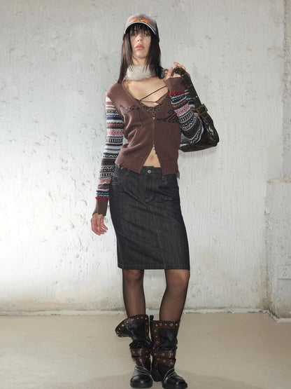 2th Desire Fair Isle Sleeve Tassel Letter Slim Zipper Cardigan Cardigan