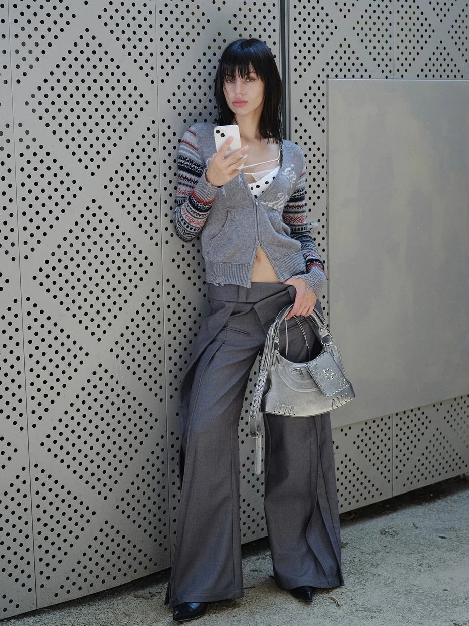 2th Desire Fair Isle Sleeve Tassel Letter Slim Zipper Cardigan Cardigan