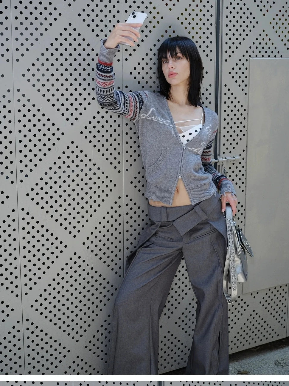 2th Desire Fair Isle Sleeve Tassel Letter Slim Zipper Cardigan Cardigan