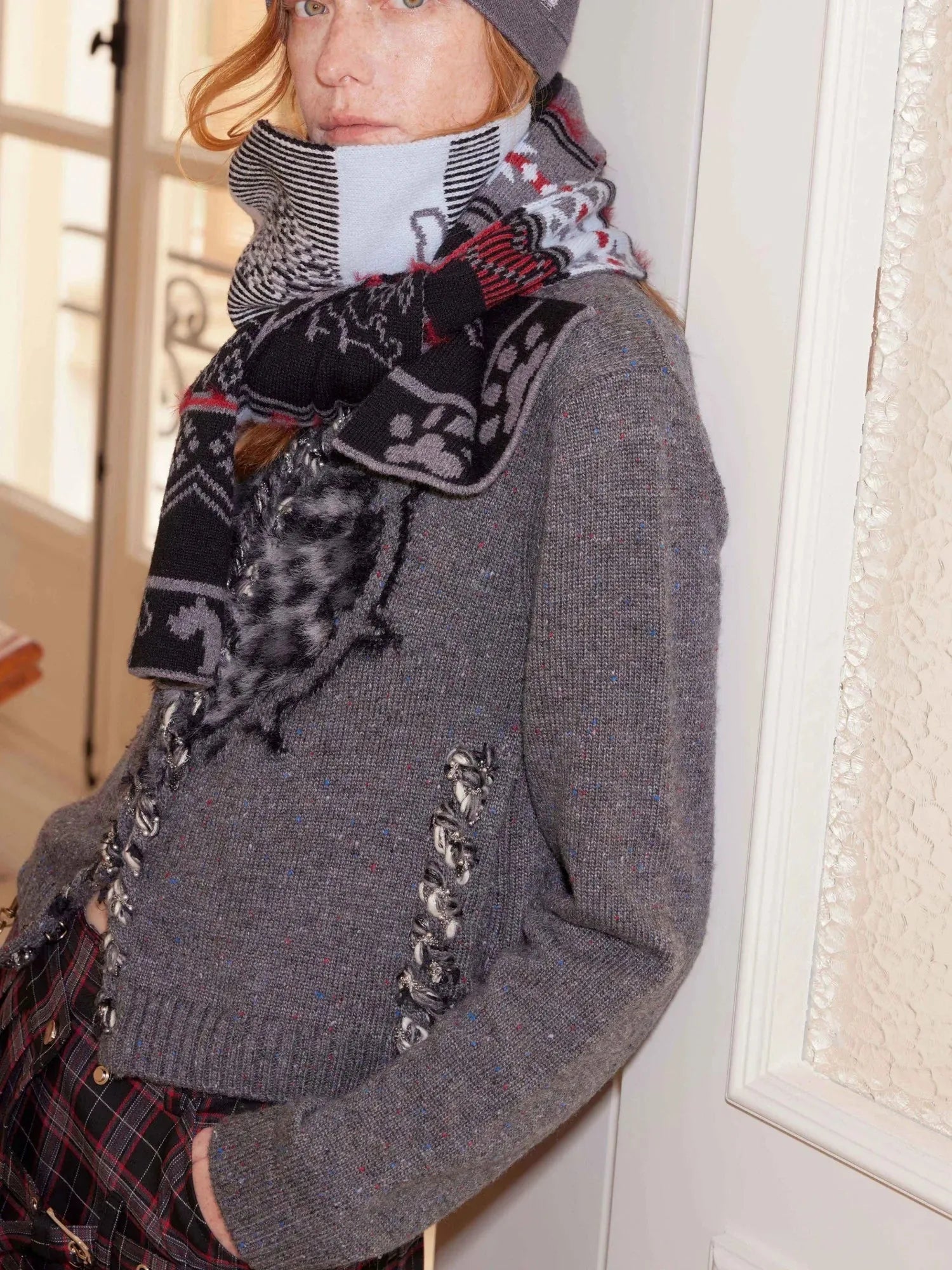 Fair Isle Vintage Heart Knit Scarf Wool Blend Warm Wrap