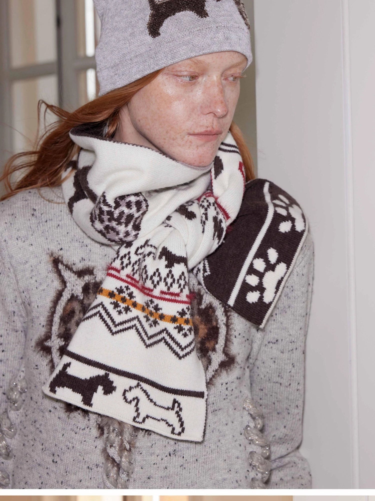 Fair Isle Vintage Heart Knit Scarf Wool Blend Warm Wrap