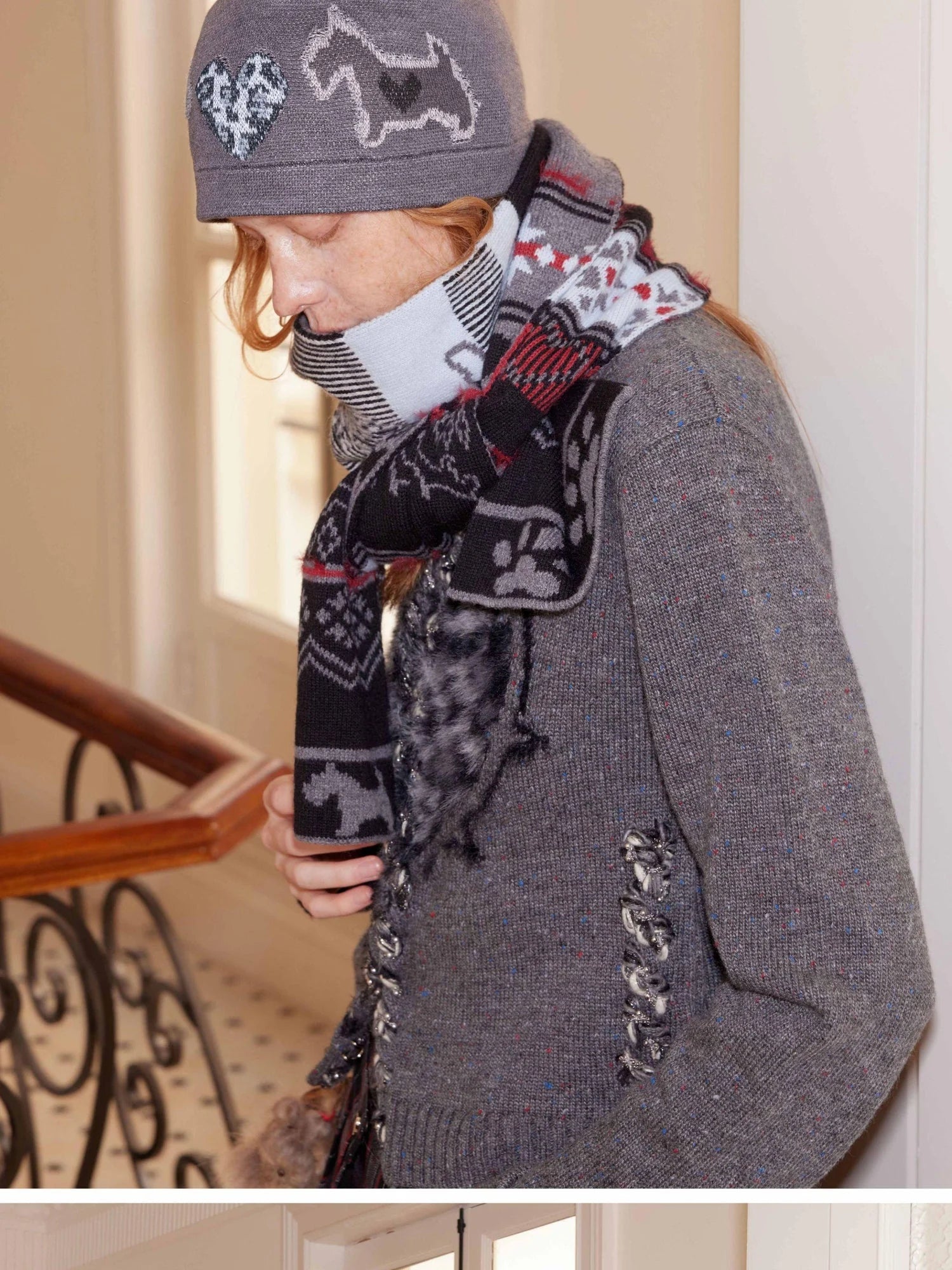 Fair Isle Vintage Heart Knit Scarf Wool Blend Warm Wrap