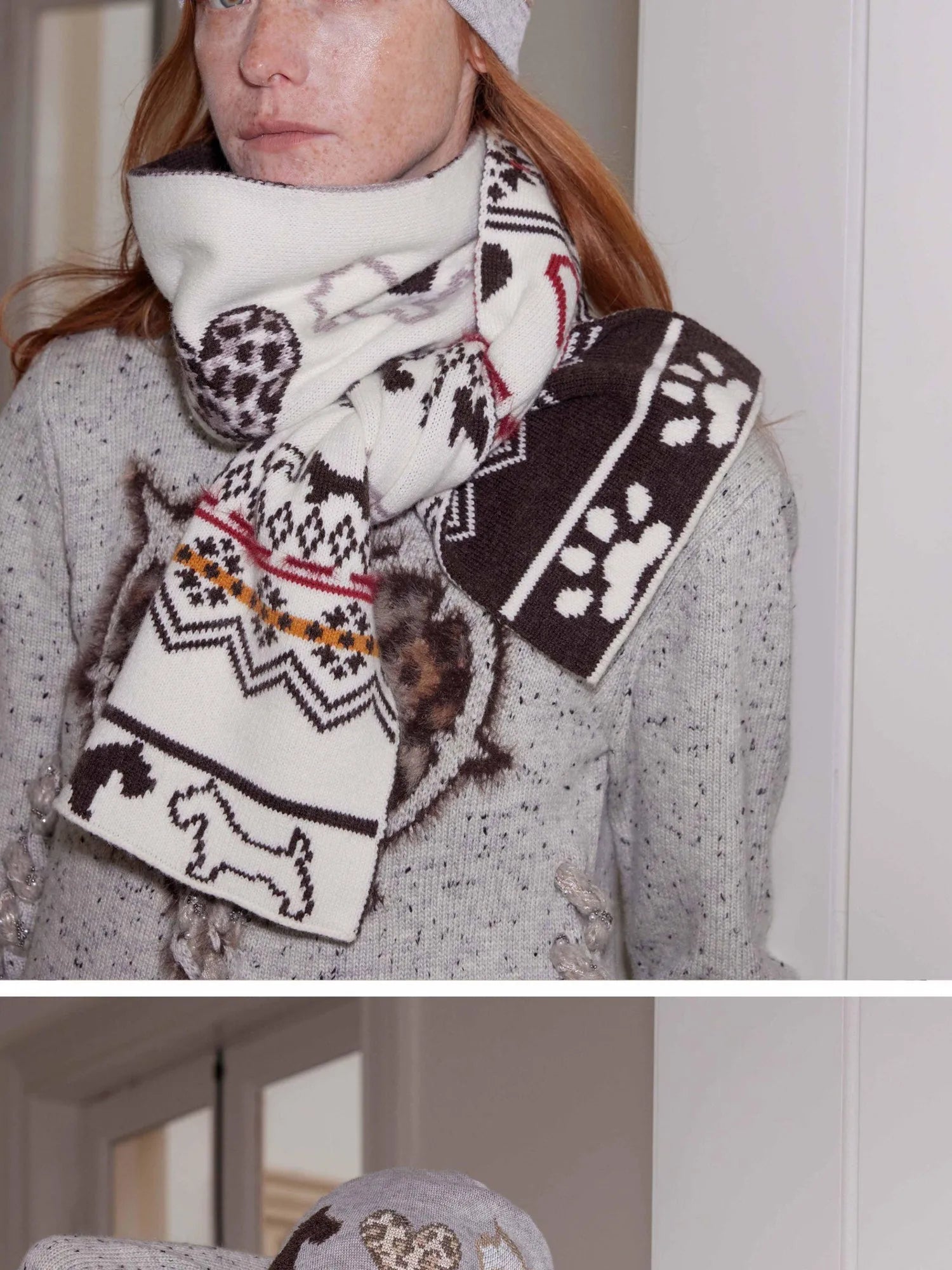 Fair Isle Vintage Heart Knit Scarf Wool Blend Warm Wrap