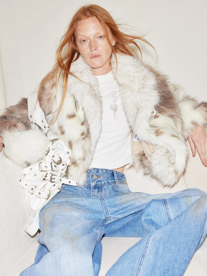 Faux Fur Bone Button Short Coat With Velvet Lining