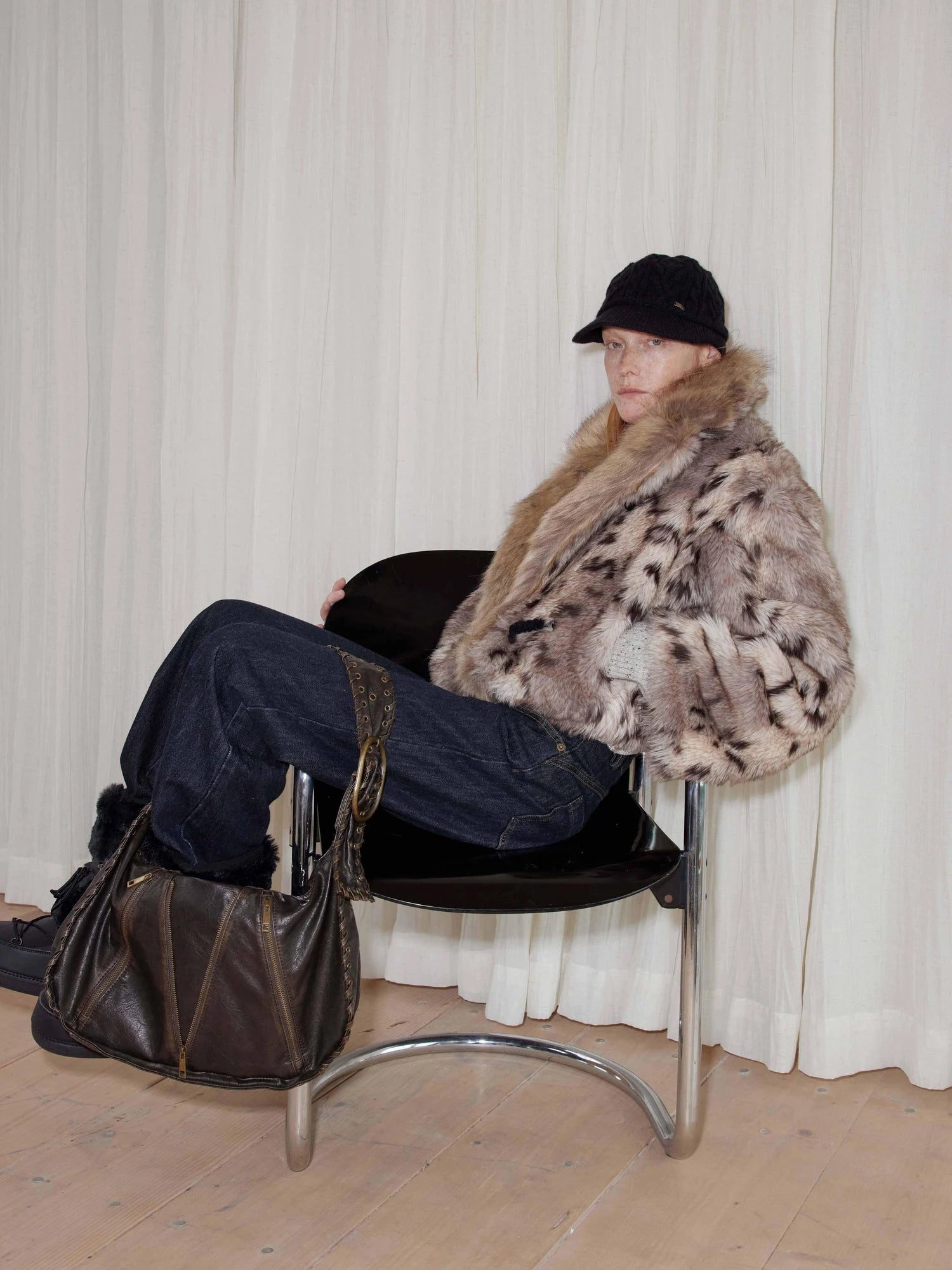 Faux Fur Bone Button Short Coat With Velvet Lining