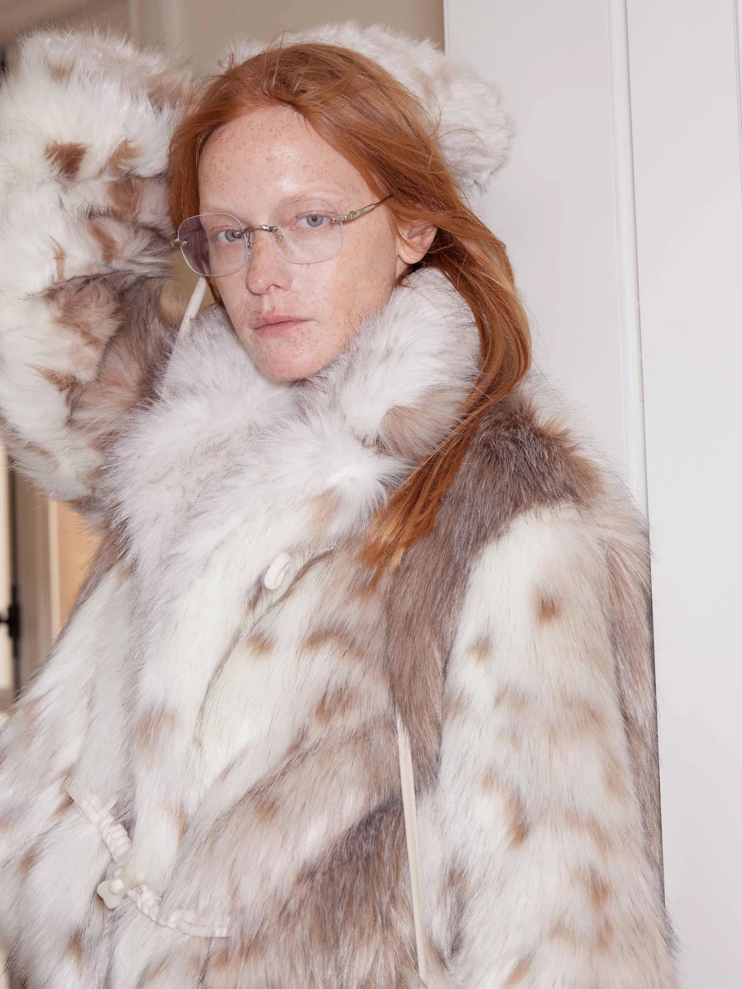 Faux Fur Bone Button Short Coat With Velvet Lining