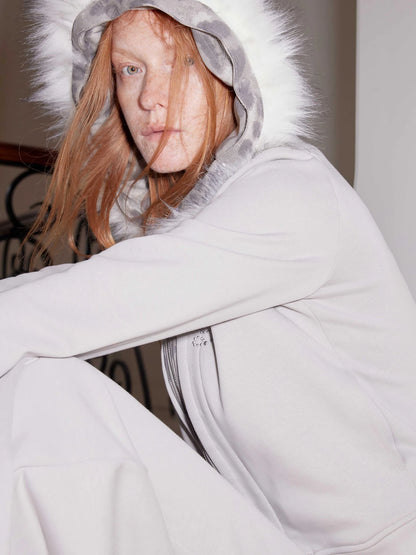 Faux Fur Hoodie Camo Joggers Set Detachable Hood Grey Green