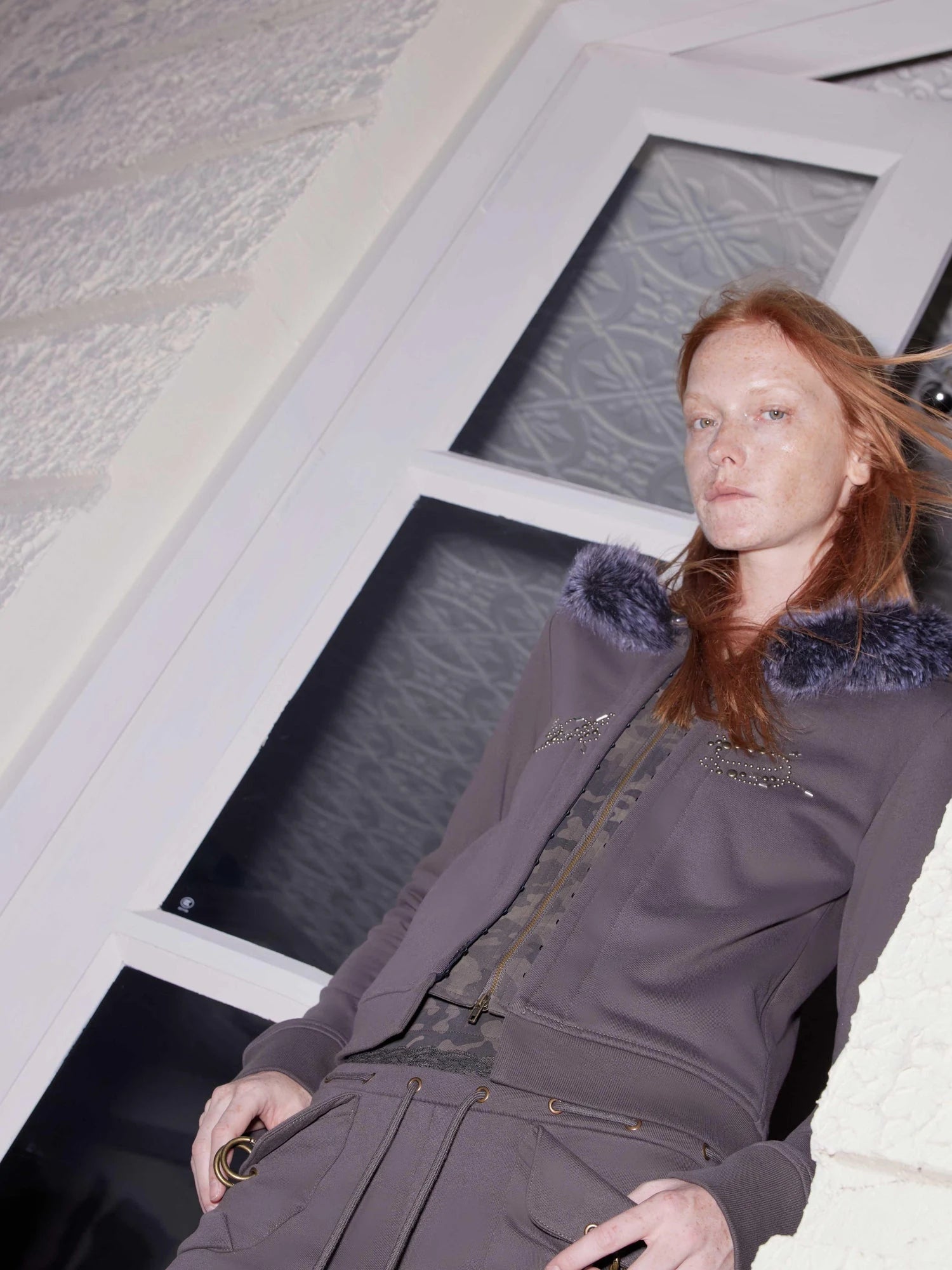 Faux Fur Hoodie Camo Joggers Set Detachable Hood Grey Green