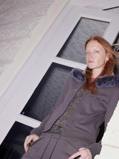 Faux Fur Hoodie Camo Joggers Set Detachable Hood Grey Green