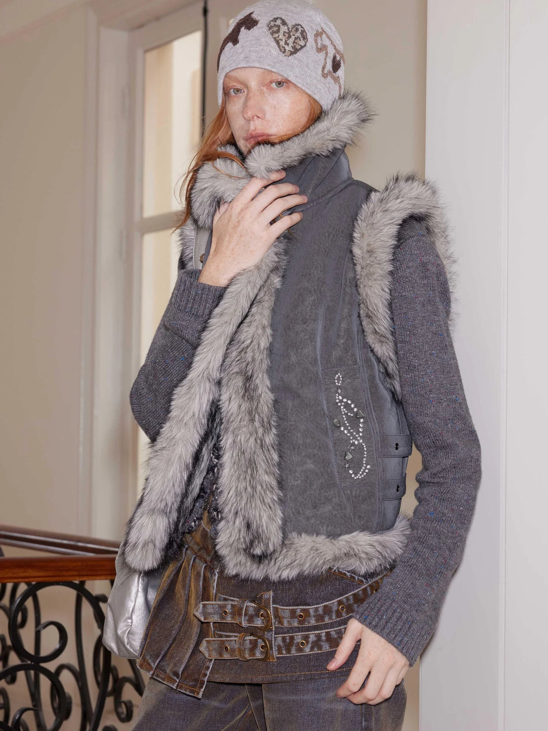 Faux Fur Suede Rhinestone Vest