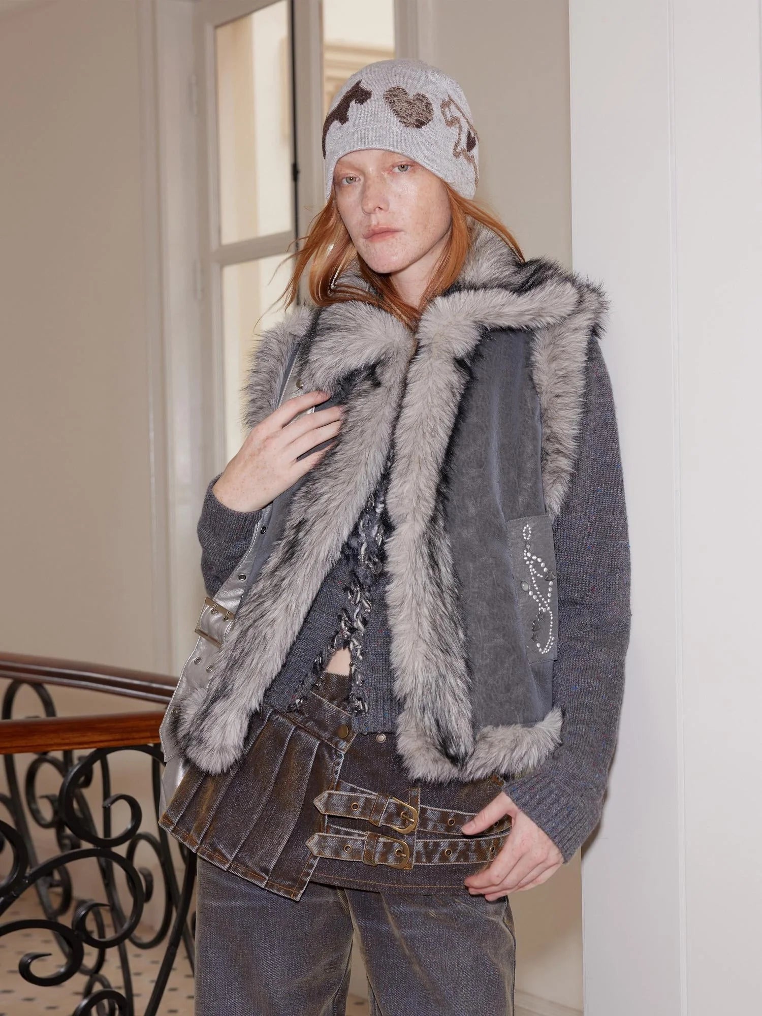 Faux Fur Suede Rhinestone Vest