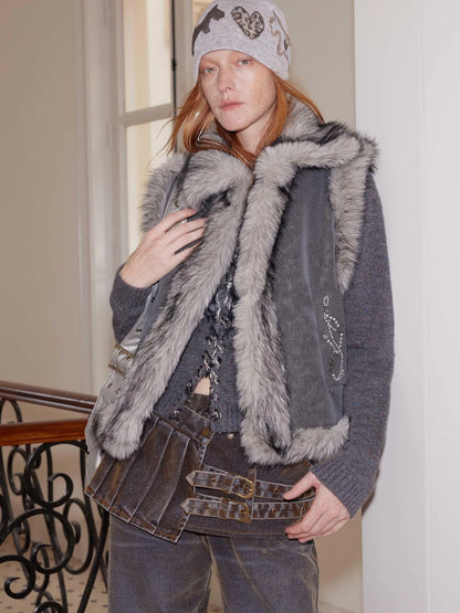 Faux Fur Suede Rhinestone Vest