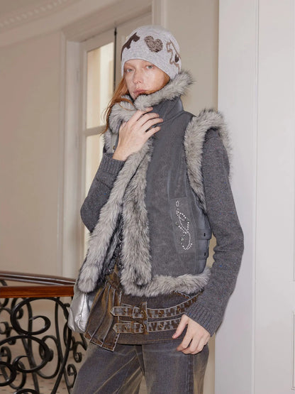 Faux Fur Suede Rhinestone Vest