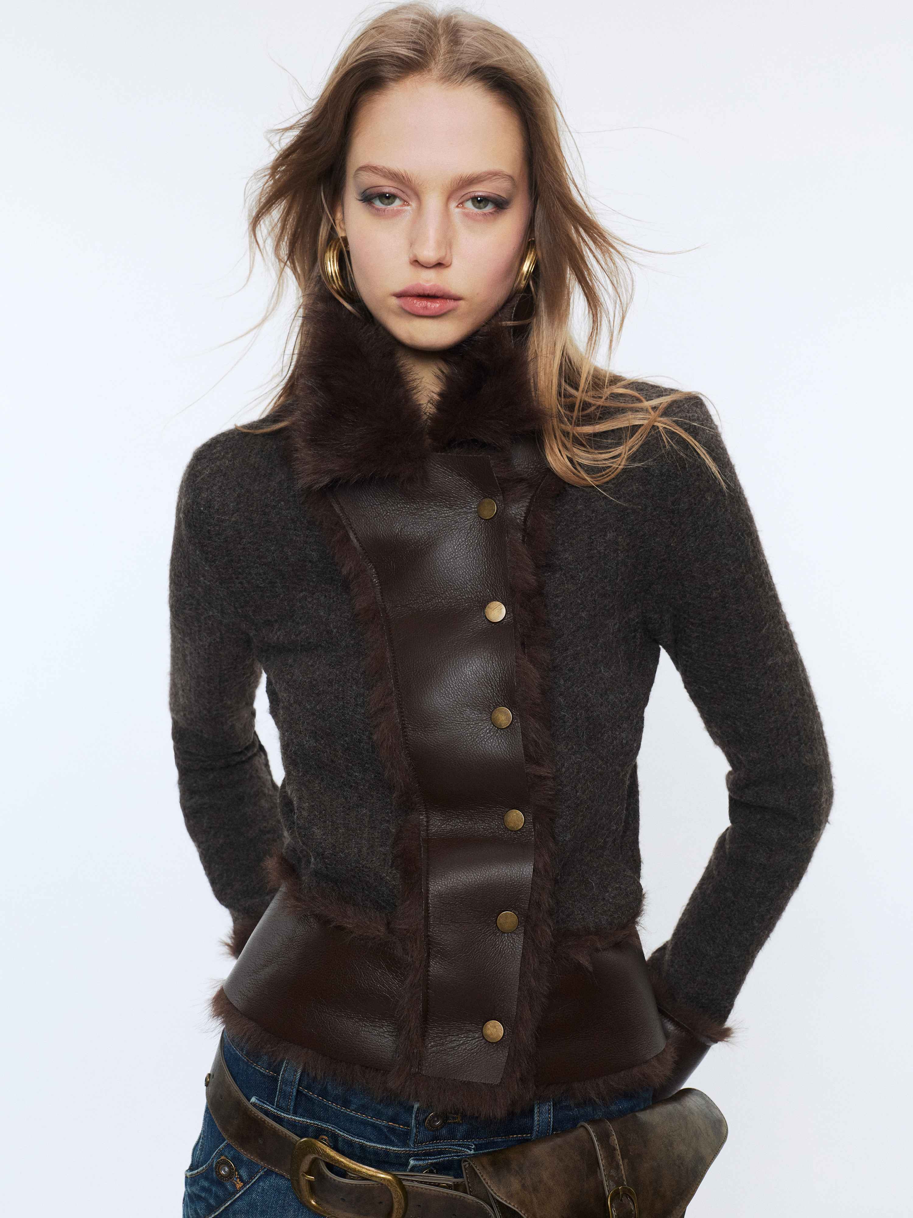 2th Desire Faux Fur Zip Front Punk Waist Cinched Women Long Sleeve Cropped Jackets