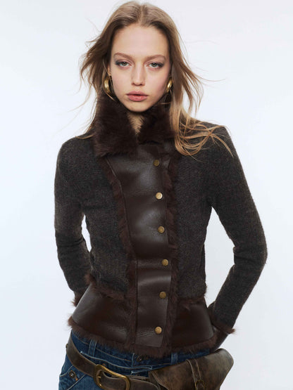 2th Desire Faux Fur Zip Front Punk Waist Cinched Women Long Sleeve Cropped Jackets
