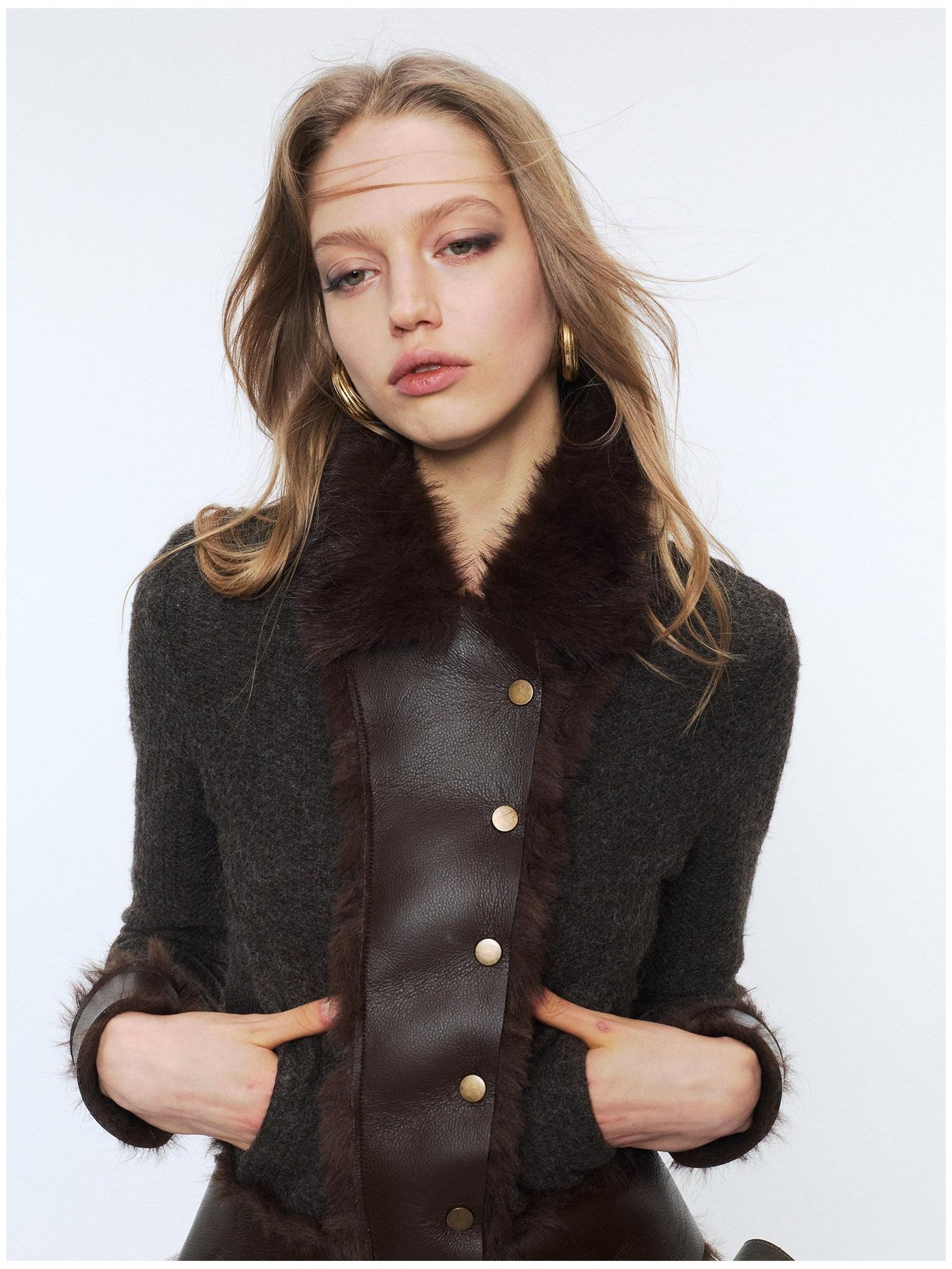 2th Desire Faux Fur Zip Front Punk Waist Cinched Women Long Sleeve Cropped Jackets