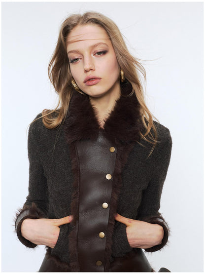 2th Desire Faux Fur Zip Front Punk Waist Cinched Women Long Sleeve Cropped Jackets