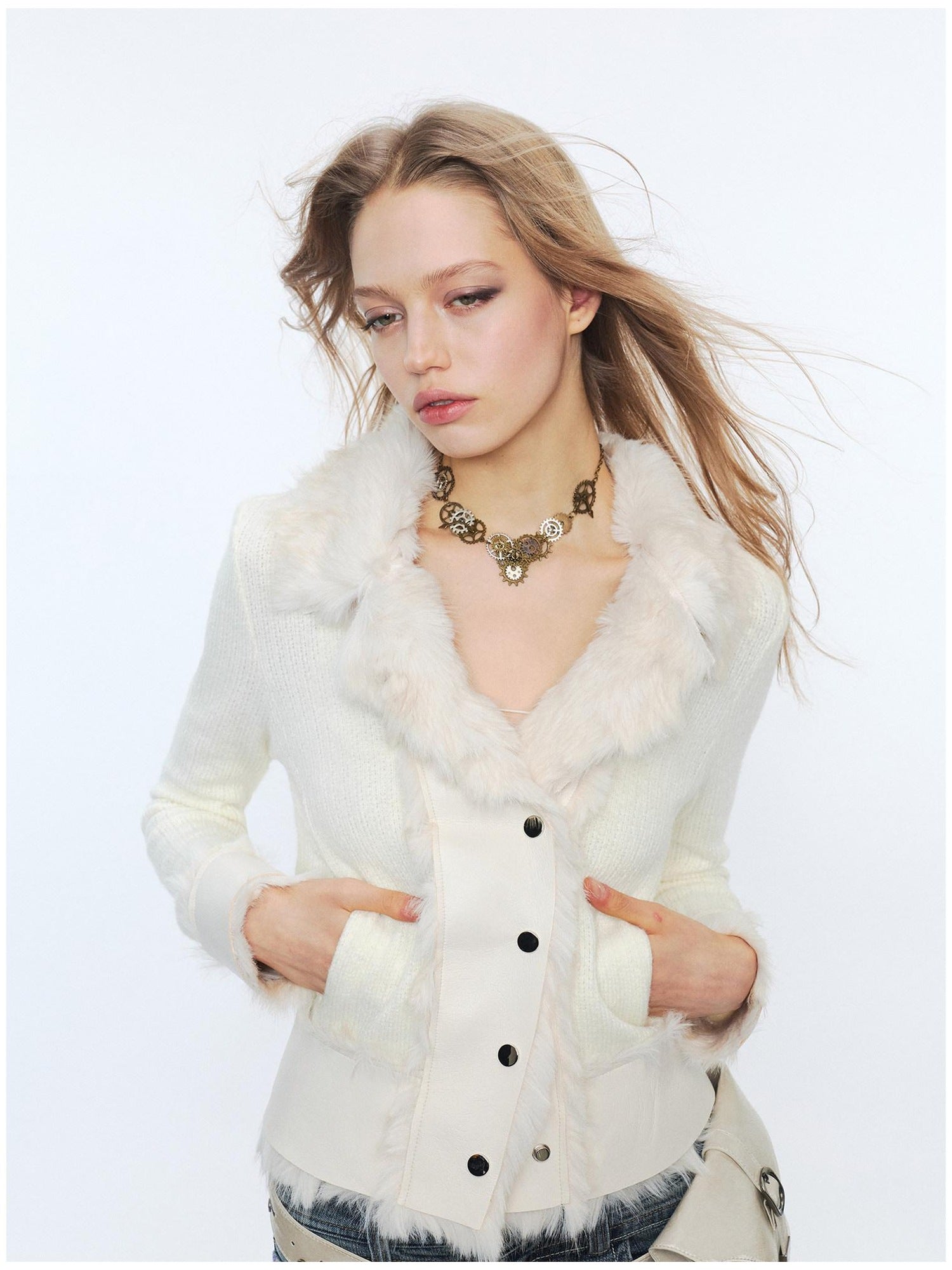 2th Desire Faux Fur Zip Front Punk Waist Cinched Women Long Sleeve Cropped Jackets