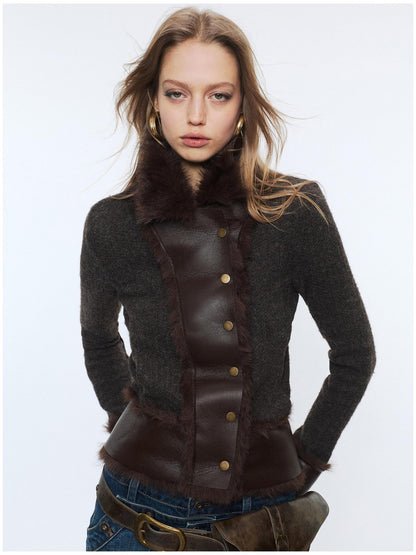 2th Desire Faux Fur Zip Front Punk Waist Cinched Women Long Sleeve Cropped Jackets