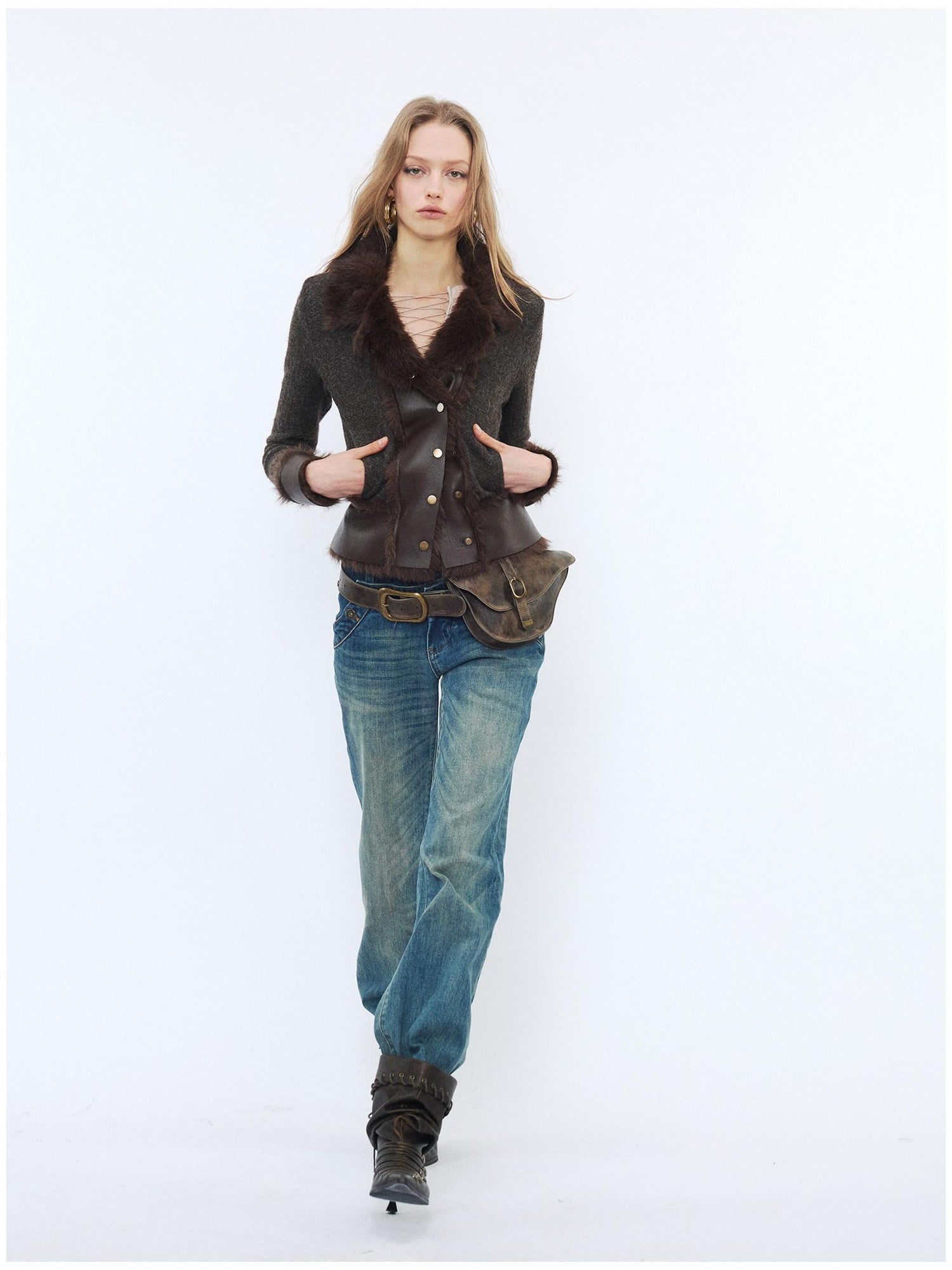 2th Desire Faux Fur Zip Front Punk Waist Cinched Women Long Sleeve Cropped Jackets