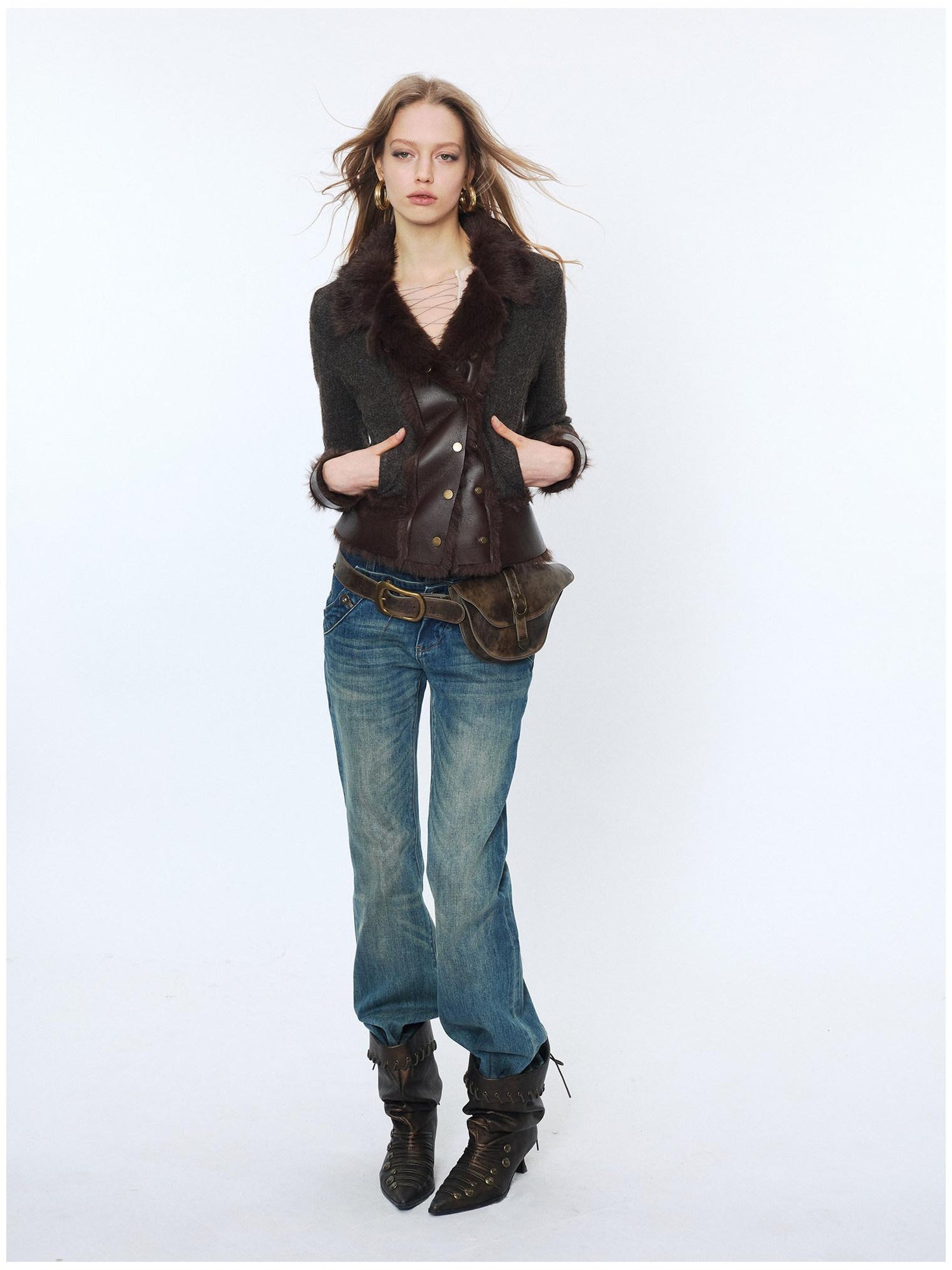 2th Desire Faux Fur Zip Front Punk Waist Cinched Women Long Sleeve Cropped Jackets