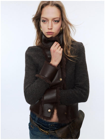 2th Desire Faux Fur Zip Front Punk Waist Cinched Women Long Sleeve Cropped Jackets
