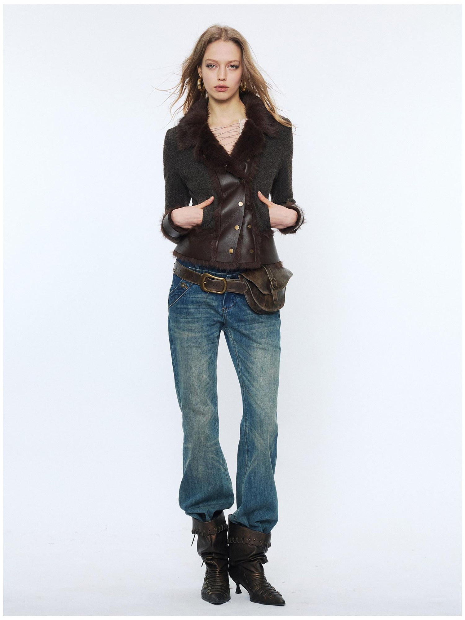 2th Desire Faux Fur Zip Front Punk Waist Cinched Women Long Sleeve Cropped Jackets