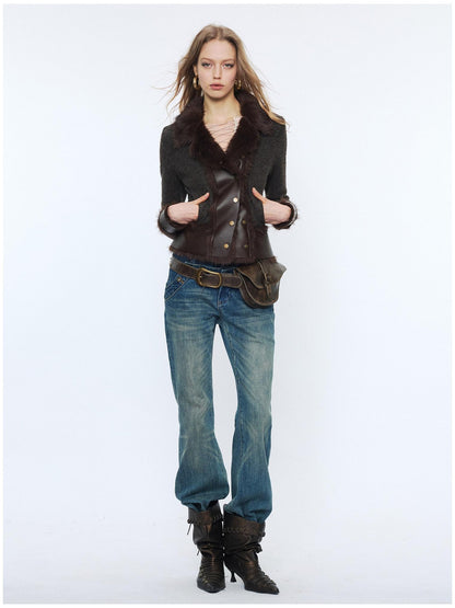 2th Desire Faux Fur Zip Front Punk Waist Cinched Women Long Sleeve Cropped Jackets