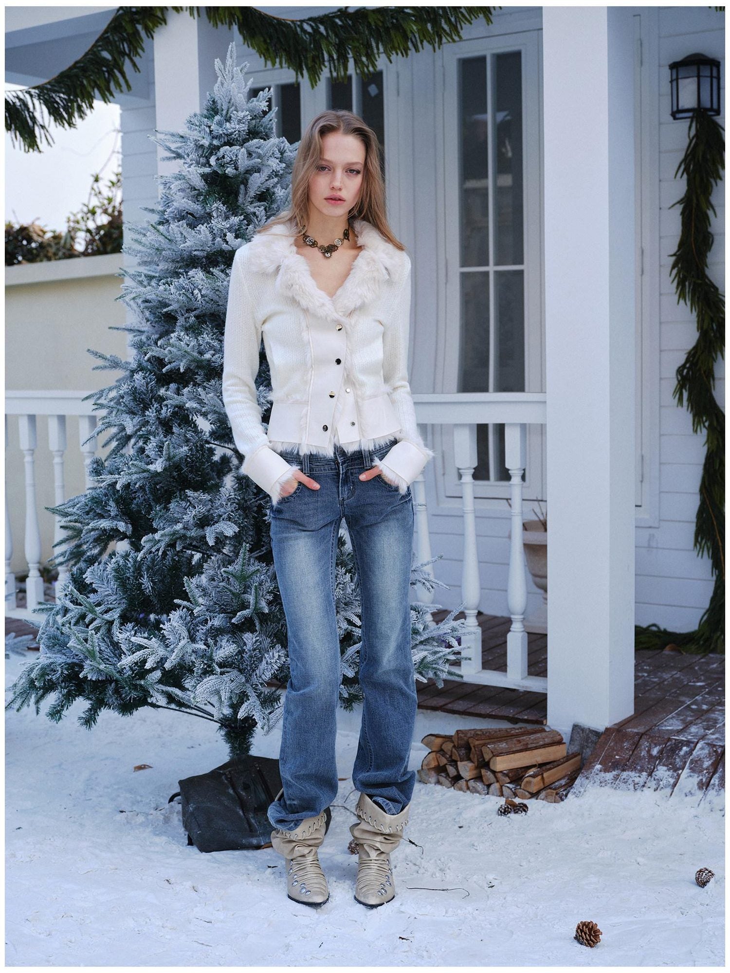 2th Desire Faux Fur Zip Front Punk Waist Cinched Women Long Sleeve Cropped Jackets
