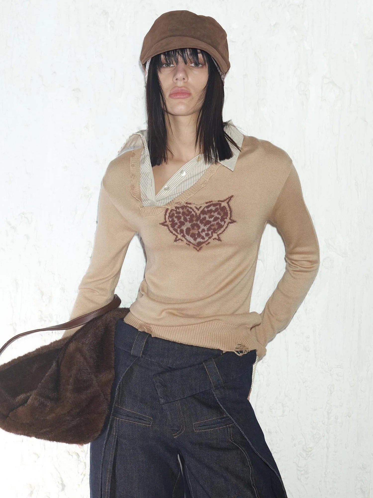 Fitted Leopard Print Striped Cropped Sweater