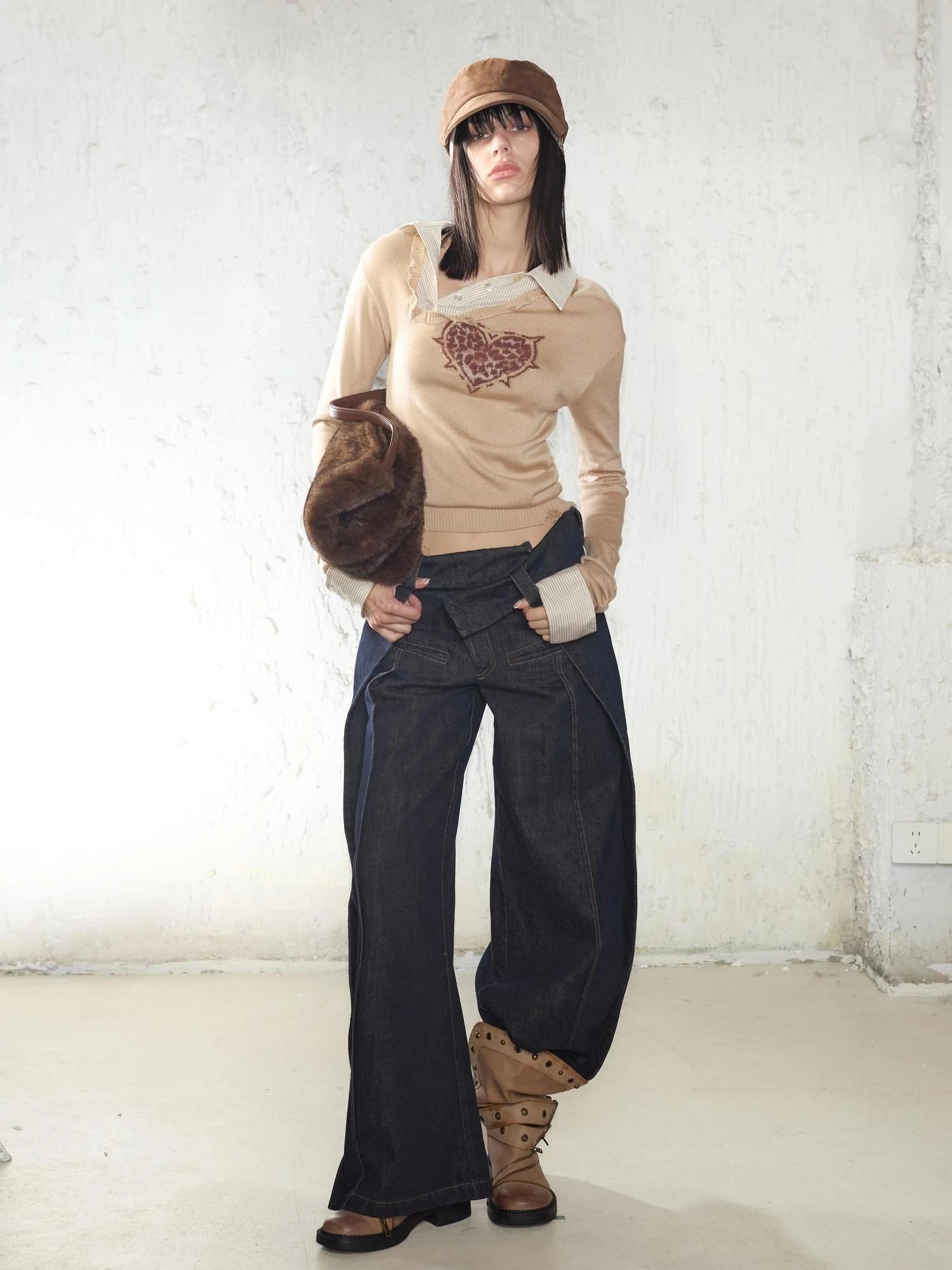 Fitted Leopard Print Striped Cropped Sweater