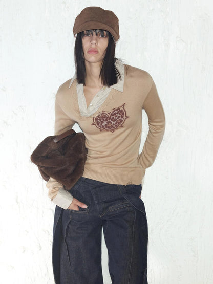 Fitted Leopard Print Striped Cropped Sweater