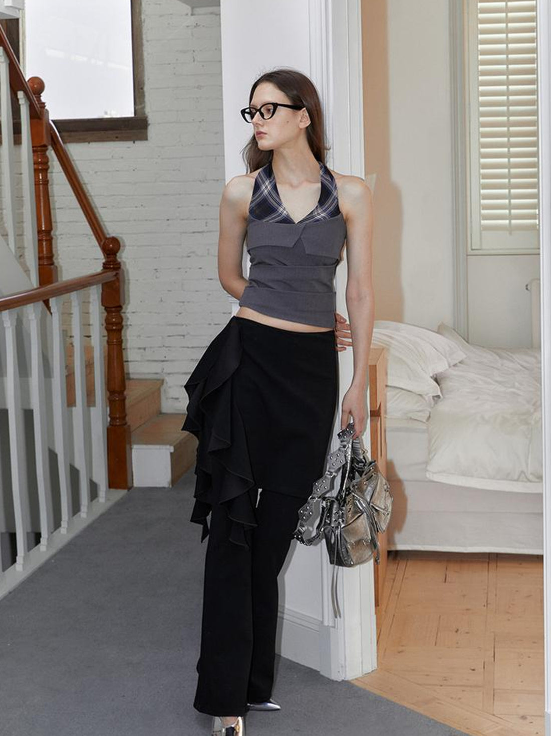 2th Desire Flared Black Palazzo Pants with Scalloped Hem Stretch Trousers